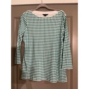 Lands' End Green White Gingham Three-quarter Sleeve Cotton Top Sz L (14-16)